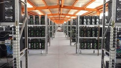 A modern cryptocurrency mining farm housing multiple Dogecoin rigs